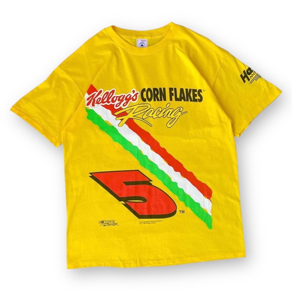 Vintage NWOT Double Sided Yellow Corn Flakes Nascar Racing Graphic Tee